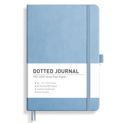 RETTACY Dotted Journal Notebook, 192 Pages, A5 Medium Size (5.7'' x 8.3'') | Leather Hardcover, 100 GSM Thick Paper, for Journaling, Planning, Tracking (Light Blue) - color: Light Blue, style: Dotted