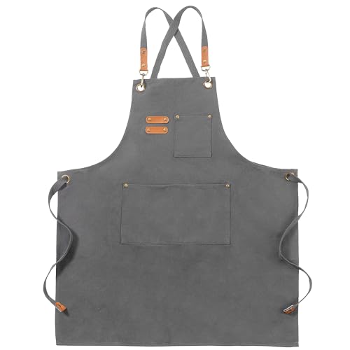 Chef Canvas Aprons with 3 Large Pockets Adjustable Strap for Men Women - color: Gray