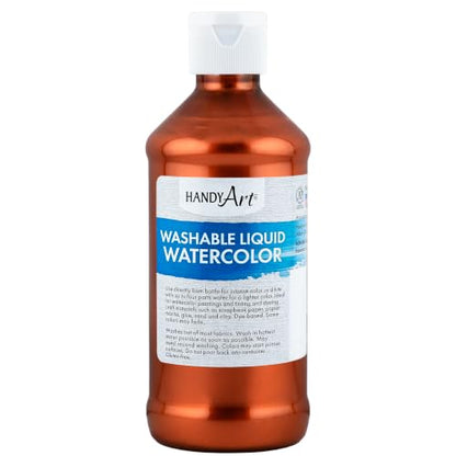 Handy Art Washable Liquid Watercolor Paint, Metallic Copper, 8 oz Bottle | Ready to Use Concentrated Dye-Based Liquid, Deep Color Strength, Dilute with Water, Certified Safe AP Non-Toxic, Made in USA - color: Metallic Copper