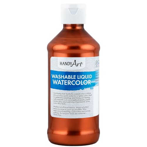 Handy Art Washable Liquid Watercolor Paint, Metallic Copper, 8 oz Bottle | Ready to Use Concentrated Dye-Based Liquid, Deep Color Strength, Dilute with Water, Certified Safe AP Non-Toxic, Made in USA - color: Metallic Copper