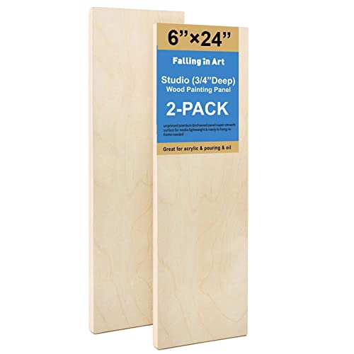 Falling in Art 2 Pack 6x24’’ Unfinished Birch Wood Panels Kit for Painting | Studio 3/4’’ Deep Wood Canvas, Cradle Boards for Acrylic Pouring, Art, Crafts, Epoxy Resin, Laser Engraving Cutting - size: 6'' x 24''