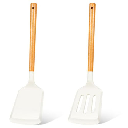 KLAQQED 2Pcs Silicone Spatula Set Turner Heat Resistant for Nonstick Cookware Rubber Wok Turner with Wood Handle, Plastic Spatula Silicone for Cooking Use Kitchen Utensils Set White - color: White