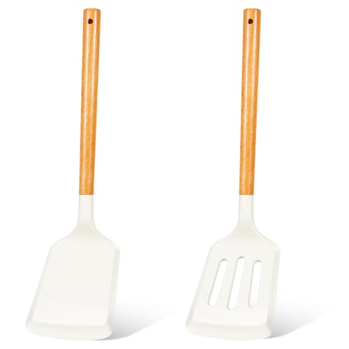KLAQQED 2Pcs Silicone Spatula Set Turner Heat Resistant for Nonstick Cookware Rubber Wok Turner with Wood Handle, Plastic Spatula Silicone for Cooking Use Kitchen Utensils Set White - color: White