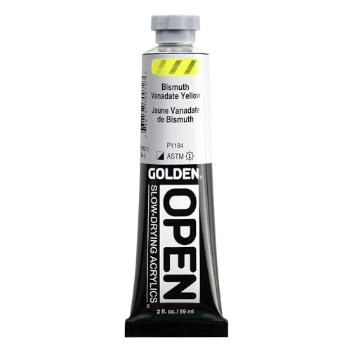 GOLDEN OPEN Slow-Drying Acrylics, Bismuth Vanadate Yellow, 2 fl. oz. Tube | Artist grade acrylic paint with extended working time for blending, glazing, and traditional painting techniques. - color: Bismuth Vanadate Yellow, size: 2 Fl Oz (Pack of 1)