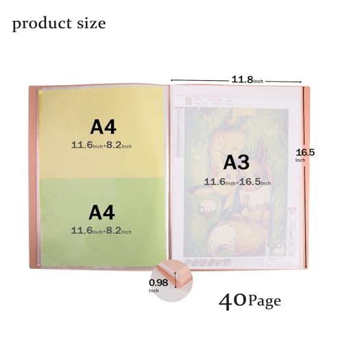 Qunrwe A3 Diamond Painting Storage Book,Pink 40 Pages Art Portfolios Case - color: Pink-40 Sleeves