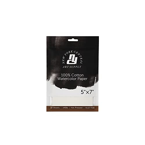 New York Central Watercolor Paper - 5x7-1 Pack of 10 Sheets, 140 lb. Hot Press - 100% Cotton, Acid-Free, Archival Quality, Bright White Watercolor Paper Pad for Wet & Dry Media - size: 5x7"