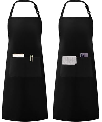 Syntus Apron for Men Women, Adjustable Cooking Kitchen Apron with 2 Pockets | Machine Washable, Firm Stitching, Stain Resistance, Long Tie Straps, 2 Pockets, Versatility, Unisex Use, Gift, BBQ - color: Basic Black, style: 2 Polyester