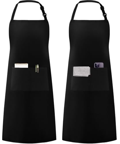 Syntus Apron for Men Women, Adjustable Cooking Kitchen Apron with 2 Pockets | Machine Washable, Firm Stitching, Stain Resistance, Long Tie Straps, 2 Pockets, Versatility, Unisex Use, Gift, BBQ - color: Basic Black, style: 2 Polyester