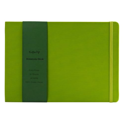 CuppaClip Watercolor Paper Cotton Cold Press with Inner Pocket Watercolor Sketchbook Journal As Travel Notebook 300 GSM 140 LB(Green, 11.7x8.3in) - color: Green, size: 11.7×8.3in