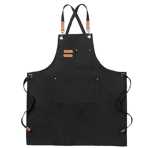 Chef Canvas Aprons with 3 Large Pockets Adjustable Strap for Men Women - color: Black