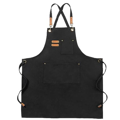 Chef Canvas Aprons with 3 Large Pockets Adjustable Strap for Men Women - color: Black