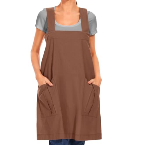 Larmliss Women's Cotton Cross Back Apron Pinafore Dress with Big Pockets Loose Square Apron for Baking Cooking Gardening - color: Brown, size: Small