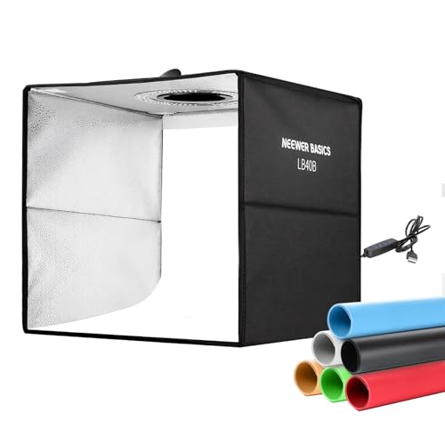 NEEWER Basics Photo Studio Light Box, 16"x16"x15" Bi Color Folding Photo Booth Shooting Tent with 6 Color Backdrops, 120 LEDs CRI95+ Dimmable for Tabletop Jewelry Electronics Food Photography, LB40B - size: 16"x16"x15"