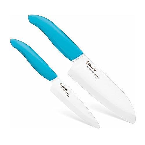 KYOCERA Revolution 2-Pc Ceramic Knife Set: 5.5” Santoku & 4.5” Utility | KYOCERA Revolution Ceramic Knife Duo: 5.5” Santoku & 4.5” Utility Blades for Precise Slicing, Trimming, and Daily Meal Prep - color: White/Blue