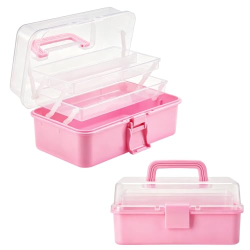 Flytreal 3-Layer Plastic Storage Box with Handle, Small Pink Tool Box Craft Organizer and Storage, Portable Multipurpose Organizer Box for Art Supplies, Makeup, Medicine, Sewing, Stationary, Pencils - color: pink