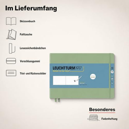 Leuchtturm1917 - Medium Landscape Hardcover Sketchbook (Sage) - 112 Pages of 150g/m² Paper | 150 g/m² drawing cardboard, blank, 112 pages, thread binding, folding pocket, bookmark, elastic closure, acid-free - color: Sage, size: Medium Landscape (A5)