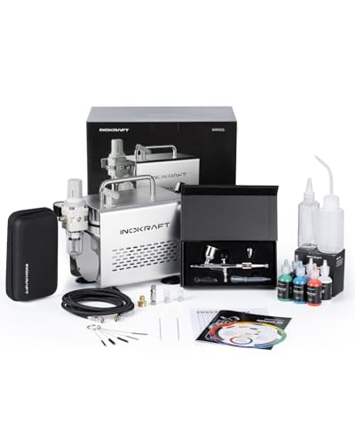 InoKraft Airbrush Kit with 1/6 HP Quiet Air Compressor, 4 Colors | Gravity Airbrush with 3 Tips 0.2, 0.3 & 0.5 mm- Hose, Holder, How-To Guide- Airbrush Paint Set for Model Painting gift - color: Airbrush Kit Premium Kit