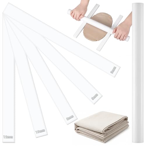 Fiwochic 12 Pcs Acrylic Pottery Tools Set Includes 1 Acrylic Clay Rolling Pin Sculpting Polymer Clay Tools 1 Stain Resistant Tablecloth and 10 Pcs 5 Size Teaching Rolling Mud Stick Guide(White) - color: White