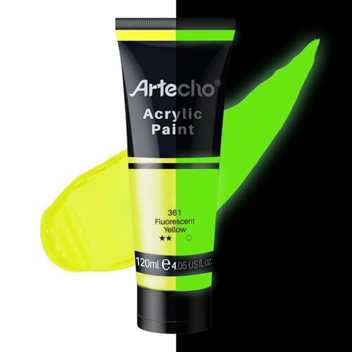 Artecho Fluorescent Yellow Acrylic Paint 120ml /4.05oz Tube | Semi Glossy Finish, High Pigment Rich Color Craft Paint for Canvas, Fabric, Non-Toxic - color: Fluorescent Yellow, size: 4.05 Fl Oz (Pack of 1)