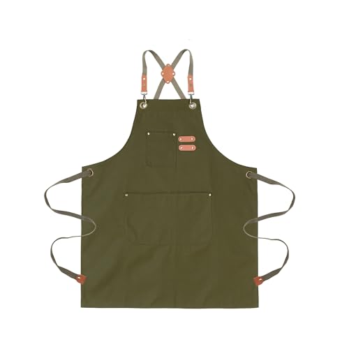 Chef Aprons for Men Canvas Apron with Large Pockets and Adjustable Neck Strap for Cooking,BBQ, Gardening - color: Green