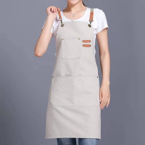 Tosewever Canvas Cross Back Chef Cotton Aprons for Men Women with Large Pockets - color: Beige