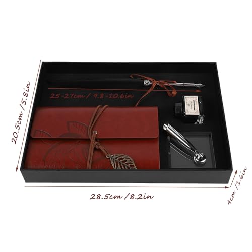 Quill Pen and Ink Set,Intage Calligraphy Feather Dip Pen Ink Leather Notebook Set,Including Feather Pen, Pen Nib Base, Notebook,Ink,Stationery Box for Him Men Dad (Black)