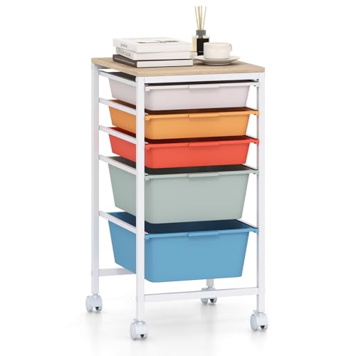 GOFLAME 5-Drawer Rolling Storage Cart, Craft Storage Cart with Wooden Tabletop and Lockable Wheels, Art Cart Supply Storage Organizer with Metal Frame for Home Office Classroom, Macaron Color - color: Macaron Color, size: 5-Drawer with Wood Top