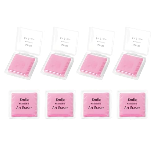 Smilo Kneaded Erasers for Artists, Pink Moldable Putty, 8-Pack | Reusable, Dust-Free and No Smudge, Art Erasers with Storage Case for Charcoal, Graphite, Pencil and Pastel Drawing - color: Pink