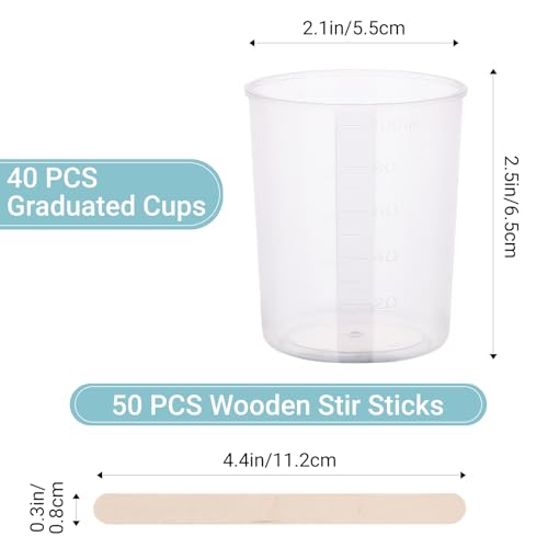90PCS Epoxy Mixing Cups Kit, 40PCS 100ml Disposable Graduated Cups Transparent Scale Cups with 50 Pack Wooden Stirring Sticks for Paint Mixing, Jewelry Making, Liquid Measuring - color: Clear cups+wooden stick, size: 100ml