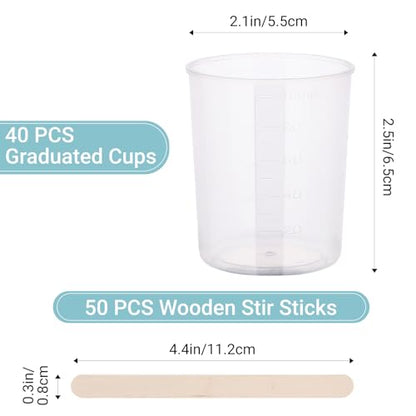 90PCS Epoxy Mixing Cups Kit, 40PCS 100ml Disposable Graduated Cups Transparent Scale Cups with 50 Pack Wooden Stirring Sticks for Paint Mixing, Jewelry Making, Liquid Measuring - color: Clear cups+wooden stick, size: 100ml
