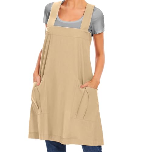 Larmliss Women's Cotton Cross Back Apron Pinafore Dress with Big Pockets Loose Square Apron for Baking Cooking Gardening - color: Apricot, size: Small