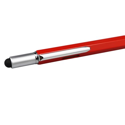 DUNBONG 6-in-1 Multi Tool Pen, Stylus & Screwdriver, 0.7mm Black Ink - Red | Aluminum prismatic non-slip grip | Rotary no-cap design | Ruler & level built-in | Refillable | Long-lasting clip - color: Red