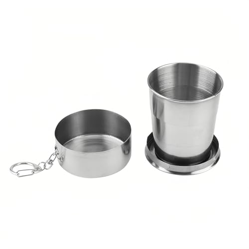 Stainless Steel Collapsible Cup, 150ml Camping Folding Cup Retractable Travel Mug with Lid Keychain Portable Drinking Outdoor Demountable Stackable Expandable Protective Cap for Hiking Picnic(M) - size: M