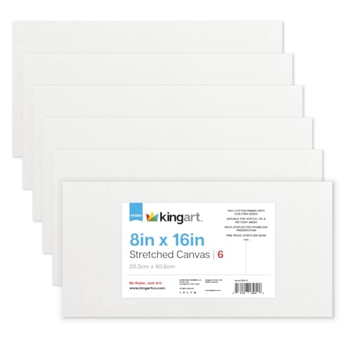 KINGART 850-6 Stretched White Canvas for Painting, 8 x 16 Inch, Pack of 6 | 100% Cotton Canvas, Triple Primed Acid-Free Gesso, Ready to Paint, Back-Stapled, Pine Bars - size: 8 x 16 Inch