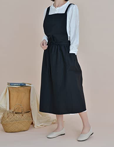 VLZUFE Women Cotton Linen Cross Back Apron with Pockets for Gardening Works Pinafore Dress Black - color: Black