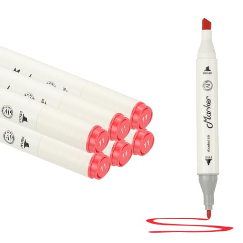 PATIKIL Dual Tip Markers, 6 Pcs Dual Tip Alcohol Markers Set White Barrel with Brush Tip and Fine Tip for Illustration Artist Adult Coloring Drawing Permanent Sketching, Red - color: Red