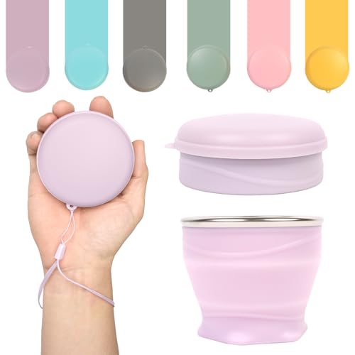 Collapsible Cup with Lid - 6oz Mini Silicone Folding Travel Cup with Steel Rim - BPA Free Small Portable Pocket Cup for Camping, Hiking, Kids, Mouthwash & Pills (Light purple) - color: Light Purple