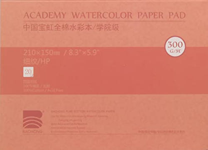 BAOHONG Academy Grade Watercolor Block - 100% Cotton, Acid-Free, 140LB/300GSM, Hot Press Surface, 20 Sheets (8.3"x5.9") - size: Hot Press 8.3"x5.9"