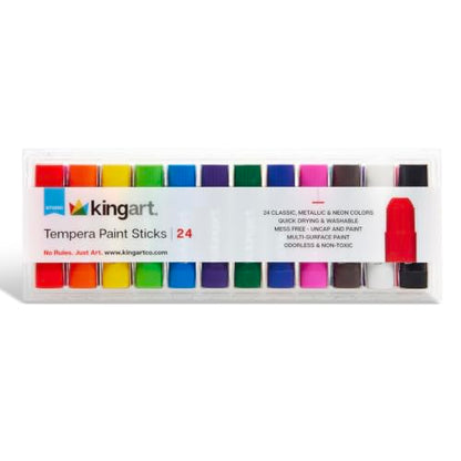 KINGART Tempera Paint Sticks – 24 Metallic & Neon Colors – Quick-Drying, Washable, Solid Paint Crayons – Mess-Free Multi-Surface Medium for Paper, Wood, Canvas, & Glass
