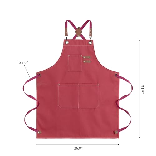 Chef Aprons for Men Canvas Apron with Large Pockets and Adjustable Neck Strap for Cooking,BBQ, Gardening - color: Hot Pink
