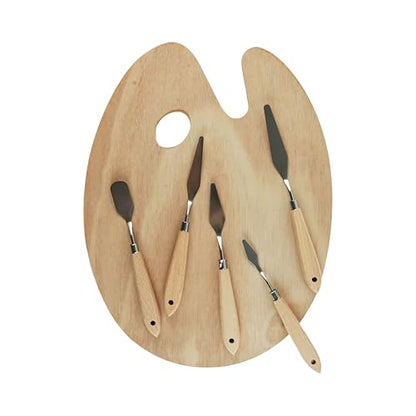 Artist's Loft Wood Paint Palette and Palette Knife Set, Ergonomic Oval Artist Tray with Stainless Steel Tools, Natural, 6-Piece Set