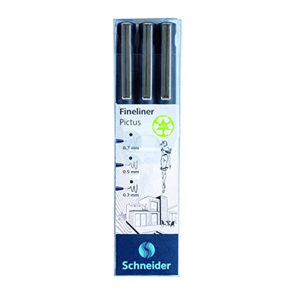 Schneider Pictus Fineliner, Wallet, x3, Assorted Sizes, Black Ink (197593)