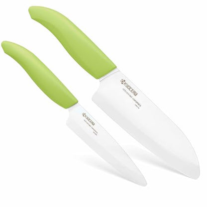 KYOCERA Revolution 2-Pc Ceramic Knife Set: 5.5” Santoku & 4.5” Utility | KYOCERA Revolution Ceramic Knife Duo: 5.5” Santoku & 4.5” Utility Blades for Precise Slicing, Trimming, and Daily Meal Prep - color: White/Green