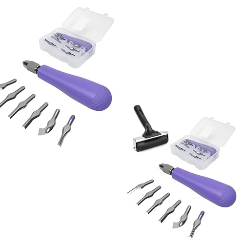 UCEC 1+1+1+12 Pack Linocut Carving Tools Linoleum Cutter for Block Printing Supplies Linocut Tools & Beginners 6 Blades Universal Size Purple With A Brayer Roller(4 Inch)