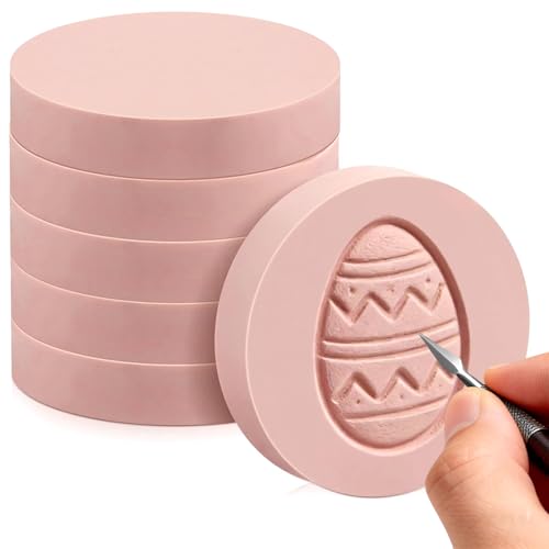 6 Pack 2"x2" Round Block Pale Pink Rubber Stamp Carving Blocks Rubber Carved Brick Soft Rubber Linoleum Block for Craft Project - style: Round