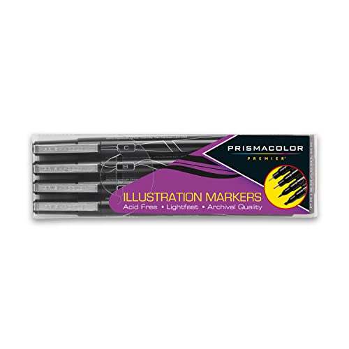 Prismacolor 1738861 Premier Illustration Markers, Assorted Tips, Black, 4-Count - size: 4 Count (Pack of 1)