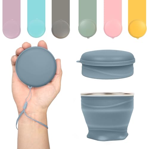 Collapsible Cup with Lid - 6oz Mini Silicone Folding Travel Cup with Steel Rim - BPA Free Small Portable Pocket Cup for Camping, Hiking, Kids, Mouthwash & Pills (Haze Blue) - color: Haze Blue