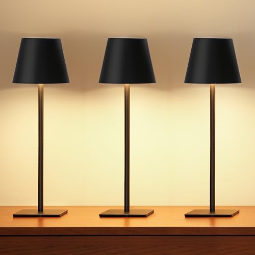 UME 3 Pack Cordless Table Lamp, Battery Operated Lamp - Portable Waterproof Rechargeable Table Lamp w/ 3 Color Temps & Stepless Dimming for Dinner, Desk, Cafe, Outdoor (Black) - color: Black, size: 3 Pack