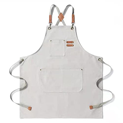 Tosewever Canvas Cross Back Chef Cotton Aprons for Men Women with Large Pockets - color: Beige