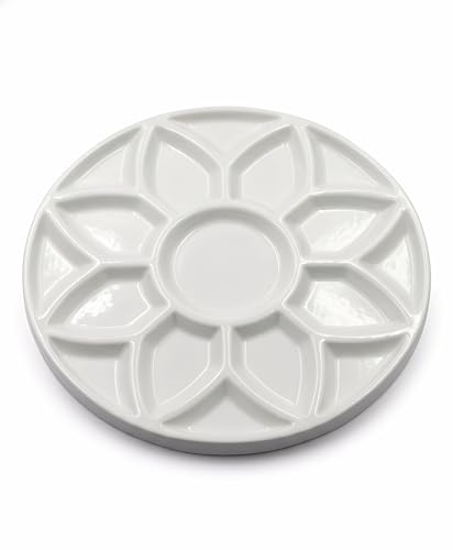7 Inch Ceramic Watercolor Palette, Round White Flower Paint Tray | Petal-shaped color wells surround a center mixing area for watercolor, gouache, acrylic, ink and everyday art projects.